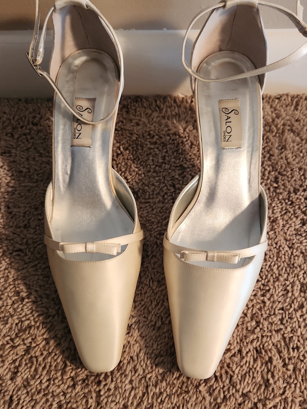 Salon Shoes Satin Ivory Ankle-Strap Pointed Pumps with Bow